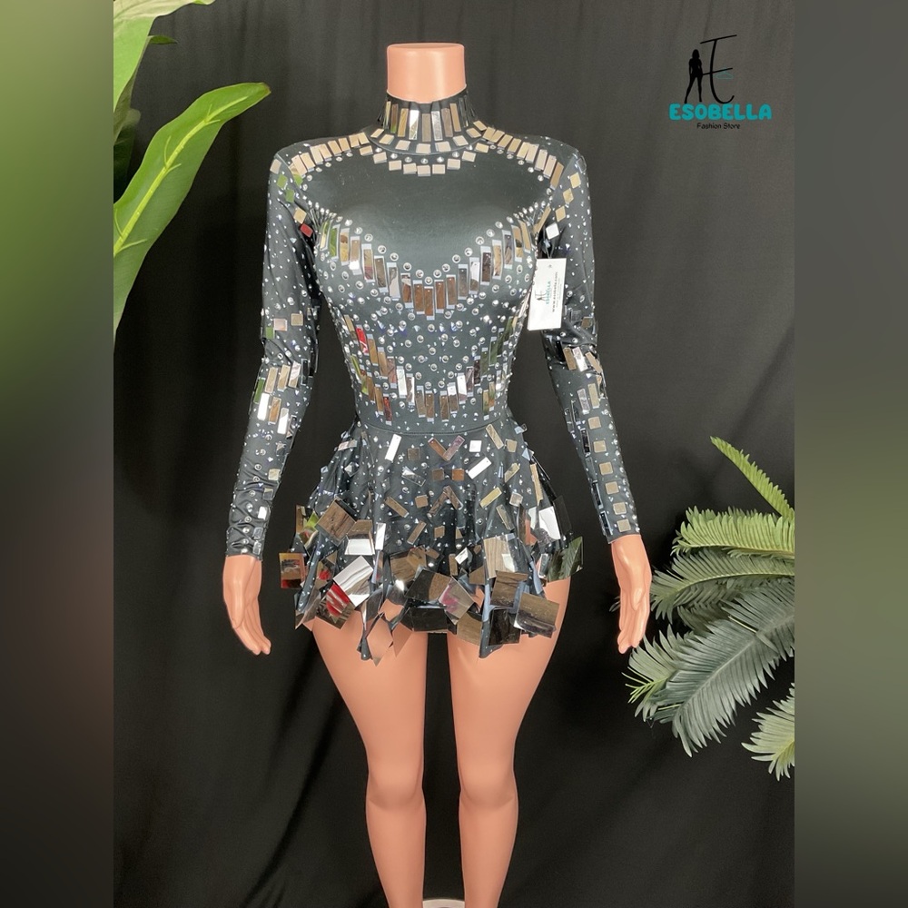 Long Sleeve Bodysuit Mini Dress With Reflective Sequin Embellishment